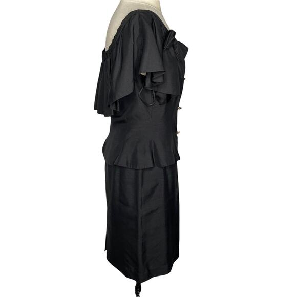 Nipon Boutique 2 Piece Silk Set Blouse and Skirt Peplum Ruffle Bow VTG Black 4 - Picture 9 of 13